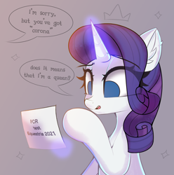 Size: 1981x1996 | Tagged: safe, artist:janelearts, imported from derpibooru, rarity, pony, unicorn, female, hooves, horn, implied coronavirus, mare, offscreen character, pun, solo, speech bubble