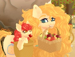 Size: 3905x3000 | Tagged: safe, artist:chym_ka, imported from derpibooru, apple bloom, pear butter, earth pony, pony, apple, basket, female, filly, food, high res, mare, mother and child, mother and daughter, mouth hold, pony in a basket