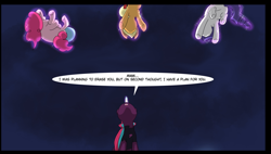 Size: 1524x863 | Tagged: safe, artist:chedx, edit, imported from derpibooru, applejack, pinkie pie, rarity, tempest shadow, earth pony, pony, unicorn, comic:the storm kingdom, my little pony: the movie, applejack's hat, bad end, balloonbutt, bodysuit, butt, clothes, cowboy hat, cropped, crystal of light, frog (hoof), general tempest shadow, hat, helmet, implied fluttershy, implied rainbow dash, implied spike, looking up, nose in the air, plot, rearity, underhoof, upside down