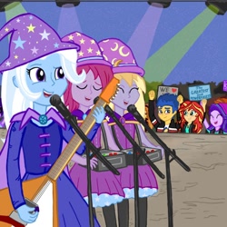 Size: 1378x1378 | Tagged: safe, artist:sarawalt15, imported from derpibooru, flash sentry, fuchsia blush, lavender lace, starlight glimmer, sunset shimmer, trixie, equestria girls, concert, guitar, microphone, musical instrument, singing, stage, trixie and the illusions