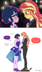 Size: 1096x1856 | Tagged: safe, artist:lzjian79, edit, edited screencap, imported from derpibooru, screencap, sci-twi, sunset shimmer, twilight sparkle, equestria girls, legend of everfree, clothes, dress, elegant, female, implied laugh, laughing, lesbian, scitwishimmer, shipping, skirt, snickering, speech bubble, suit, sunsetsparkle, tall, tuxedo