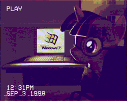 Size: 720x576 | Tagged: safe, artist:charismatic pony, imported from derpibooru, twilight sparkle, pony, unicorn, '90s, 3d, animated, chair, computer, desk, error, female, filter, gif, glasses, glitch, keyboard, mare, microsoft, microsoft windows, monitor, retrowave, sitting, solo, source filmmaker, table, timestamp, vhs, webcore, window, windows, windows 98