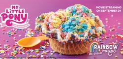 Size: 1278x612 | Tagged: safe, imported from derpibooru, food, g5, ice cream, marble slab creamery, my little pony: a new generation, my little pony: a new generation logo, no pony, official, rainbow magic ice cream, spoon, sprinkles, text, waffle cone