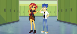 Size: 1280x569 | Tagged: safe, artist:liplover6930, imported from derpibooru, flash sentry, sunset shimmer, equestria girls, clothes, clothes swap, converse, female, flashimmer, male, shipping, shoes, straight