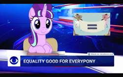 Size: 1084x677 | Tagged: safe, edit, edited screencap, imported from derpibooru, screencap, starlight glimmer, pegasus, pony, unicorn, series:equestrian propaganda of success, the cutie map, chair, equal cutie mark, equal sign, equality, everypony, female, male, mare, meme, news, poland, ponified meme, propaganda parody, s5 starlight, sitting, sky, stalin glimmer, stallion, tvp, wrong