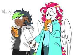 Size: 806x600 | Tagged: safe, artist:redxbacon, imported from derpibooru, oc, oc only, oc:light shooter, oc:pixel bite, anthro, earth pony, pegasus, holding hands, implied lesbian, implied shipping, parka, street food, taiyaki