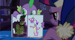 Size: 2896x1570 | Tagged: safe, anonymous artist, artist:rsa.fim, edit, edited screencap, editor:notxweeb, imported from derpibooru, screencap, spike, twilight sparkle, alicorn, dragon, pony, power ponies (episode), the last problem, angry, book, clothes, gigachad, gigachad spike, hat, meme, nightcap, older, older spike, photo, pointing, sleepy, twilight sparkle (alicorn), watermark