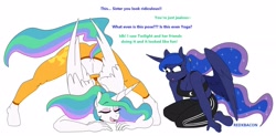 Size: 2246x1108 | Tagged: safe, artist:redxbacon, imported from derpibooru, princess celestia, princess luna, alicorn, anthro, unguligrade anthro, clothes, dock, eyes closed, face down ass up, jack-o challenge, jacko challenge, meme, open mouth, open smile, pants, smiling, sweat, sweatdrops, yoga pants