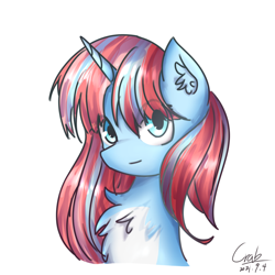 Size: 1080x1080 | Tagged: safe, artist:starflashing twinkle, imported from derpibooru, oc, oc only, pony, unicorn, blue eyes, chest fluff, cute, ear fluff, eye clipping through hair, horn, looking at you, simple background, solo, unicorn oc, white background