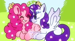 Size: 1556x866 | Tagged: safe, artist:computershit, artist:cutiesparke, imported from derpibooru, pinkie pie, rarity, alicorn, pegasus, pony, alicornified, crown, eyes closed, female, flower, flower in hair, g4, garden, happy, jewelry, lesbian, meadow, missing cutie mark, pegasus pinkie pie, princess rarity, race swap, raricorn, raripie, regalia, shipping, simple background, sitting, tiara