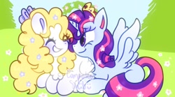 Size: 1556x866 | Tagged: safe, alternate version, artist:computershit, artist:cutiesparke, imported from derpibooru, sparkler (g1), surprise, alicorn, pegasus, pony, alicornified, eyes closed, female, flower, flower in hair, g1, g1 to g4, g4, garden, generation leap, happy, jewelry, lesbian, meadow, missing cutie mark, race swap, simple background, tiara