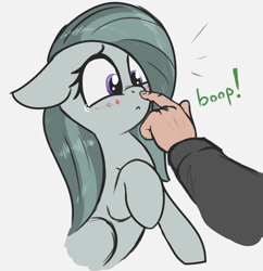 Size: 2270x2345 | Tagged: safe, artist:t72b, imported from derpibooru, marble pie, earth pony, human, pony, :c, adorable distress, blushing, boop, bust, cross-eyed, cute, disembodied hand, female, floppy ears, frown, gray background, hand, high res, looking at something, marblebetes, mare, nose wrinkle, raised hoof, rearing, simple background, solo focus, teary eyes, three quarter view, white background