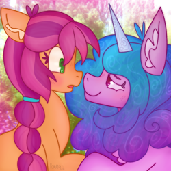 Size: 1000x1000 | Tagged: safe, artist:junko, artist:php163, imported from derpibooru, izzy moonbow, sunny starscout, earth pony, pony, unicorn, blushing, chest fluff, duo, ear fluff, eyelashes, female, g5, implied lesbian, implied shipping, izzyscout, lesbian, lidded eyes, mare, shipping, signature, surprised, wide eyes