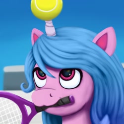 Size: 1200x1200 | Tagged: safe, artist:redquoz, imported from derpibooru, izzy moonbow, pony, unicorn, ball, female, g5, horn, horn impalement, hornball, izzy's tennis ball, looking up, mare, mouth hold, solo, tennis ball, tennis racket