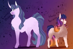 Size: 3000x2000 | Tagged: safe, artist:inisealga, imported from derpibooru, oc, oc only, oc:eventide illusion, oc:nova harvest, earth pony, pony, unicorn, blaze (coat marking), coat markings, curved horn, facial markings, high res, horn, magical lesbian spawn, next generation, offspring, parent:applejack, parent:rarity, parent:twilight sparkle, parents:rarijack, parents:rarilight, parents:twijack, simple background, socks (coat markings)