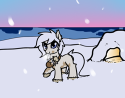 Size: 828x649 | Tagged: safe, artist:neuro, imported from derpibooru, oc, oc only, oc:puffins, earth pony, pony, baby carrier, blue eyes, female, filly, foal, igloo, raised hoof, smiling, snow, snow mare, snowpony (species), taiga pony, yakutian horse