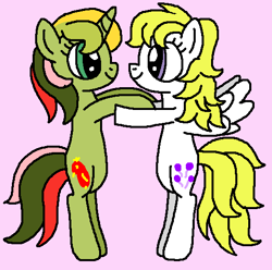 Size: 527x523 | Tagged: safe, artist:brobbol, imported from derpibooru, mimic (g1), surprise, pegasus, pony, twinkle eyed pony, unicorn, 1000 hours in ms paint, adoraprise, bipedal, cute, female, g1, g1 to g4, g4, generation leap, hug, lesbian, mare, mimicbetes, mimicprise, ms paint, pink background, shipping, simple background, smiling, surprise (g1)