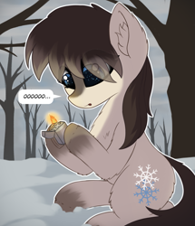 Size: 1811x2105 | Tagged: safe, artist:shepardinthesky, imported from derpibooru, imported from ponybooru, oc, oc only, oc:frosty flakes, pony, /mlp/, blaze (coat marking), chest fluff, coat markings, ear fluff, ears, female, fire, fluffy, forest, lighter, looking at something, mare, ooo, sitting, snow, snow mare, snowpony (species), socks (coat marking), solo, taiga pony, tree, yakutian horse, zippo