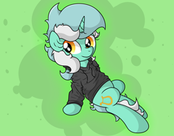 Size: 3746x2935 | Tagged: safe, artist:background basset, imported from derpibooru, lyra heartstrings, pony, unicorn, abstract background, clothes, dig the swell hoodie, female, happy, high res, hoodie, lying down, mare, on back, orange eyes, smiling, solo