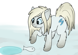 Size: 1166x831 | Tagged: safe, artist:anonymous, imported from derpibooru, imported from ponybooru, oc, oc only, oc:river spirit, fish, pony, blue eyes, chest fluff, coat markings, female, fluffy, ice, ice fishing, ice hole, looking at something, mare, raised leg, snow, snow mare, snowpony (species), socks (coat marking), solo, taiga pony, yakutian horse