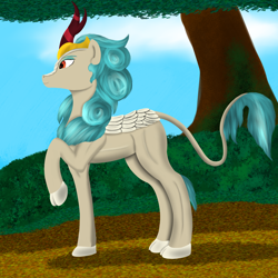 Size: 3000x3000 | Tagged: safe, artist:lord atlantean, artist:saint boniface, imported from derpibooru, rain shine, kirin, female, high res, mare, raised hoof, side view, smiling, solo