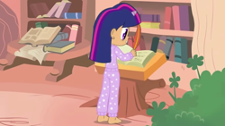 Size: 854x480 | Tagged: safe, artist:chanokun, artist:skill:draw, imported from derpibooru, twilight sparkle, human, look before you sleep, barefoot, clothes, feet, golden oaks library, horn, horned humanization, humanized, pajamas, sleepover, slumber party