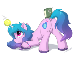 Size: 2800x2300 | Tagged: safe, artist:mercurysparkle, imported from derpibooru, izzy moonbow, pony, unicorn, ball, beans, butt, can, cute, dock, eye clipping through hair, face down ass up, female, food, g5, high res, horn, horn impalement, hornball, izzy's beans, izzy's tennis ball, izzybetes, leg fluff, mare, plot, simple background, smiling, solo, tennis ball, that pony sure does love beans, that pony sure does love tennis balls, unshorn fetlocks, white background