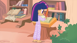 Size: 1366x767 | Tagged: safe, artist:chanokun, artist:skill:draw, imported from derpibooru, twilight sparkle, human, look before you sleep, barefoot, book, clothes, feet, golden oaks library, horn, horned humanization, humanized, pajamas, quill pen, sleepover