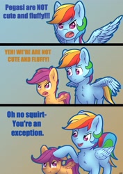 Size: 2892x4096 | Tagged: safe, artist:db, imported from derpibooru, rainbow dash, scootaloo, pegasus, pony, :t, blatant lies, blushing, chest fluff, comic, dialogue, female, filly, floppy ears, foal, folded wings, grammar error, head pat, hypocritical humor, mare, one ear down, open mouth, pat, petting, pouting, scootalove, spread wings, talking, tsundaloo, tsunderainbow, tsundere, volumetric mouth, wings