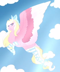 Size: 2462x2943 | Tagged: safe, artist:inisealga, imported from derpibooru, oc, oc only, oc:bay breeze, pegasus, pony, bow, clothes, cloud, high res, pegasus oc, simple background, sky, socks, spread wings, striped socks, wings