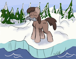 Size: 1390x1069 | Tagged: safe, artist:agent-diego, imported from derpibooru, oc, oc only, fish, pony, eyes closed, female, forest, ice, mare, mouth hold, pinecone, snow, snow mare, snowmare, snowpony (species), taiga pony, tree, water, yakutian horse