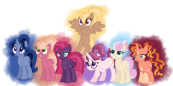 Size: 1280x640 | Tagged: safe, artist:magicuniclaws, imported from derpibooru, oc, oc:cinnabar, oc:cross stitch, oc:dawn flower, oc:honey bee, oc:midnight moon, oc:sodalite, oc:turtle dove, earth pony, pegasus, pony, unicorn, magical gay spawn, magical lesbian spawn, magical threesome spawn, offspring, parent:applejack, parent:big macintosh, parent:bon bon, parent:cheerilee, parent:flash sentry, parent:glimmerdancer, parent:lyra heartstrings, parent:maud pie, parent:moondancer, parent:starlight glimmer, parent:sunburst, parent:tempest shadow, parent:thorax, parent:trenderhoof, parent:trixie, parent:twilight sparkle, parent:zephyr breeze, parents:cheerijack, parents:lyrabon, parents:mauxie, parents:tempestlight, simple background, transparent background