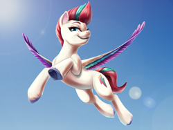 Size: 4000x3000 | Tagged: safe, artist:faline-art, imported from derpibooru, zipp storm, pegasus, pony, female, flying, g5, heart, heart hoof, hoof heart, lens flare, looking at you, mare, open mouth, sky, smiling, solo, spread wings, underhoof, upside-down hoof heart, wings