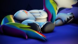 Size: 3840x2160 | Tagged: safe, artist:psfmer, imported from derpibooru, rainbow dash, pegasus, pony, 3d, bed, butt, dock, high res, lying down, plot, prone, rainbutt dash, revamped ponies, solo, source filmmaker, underhoof, unshorn fetlocks