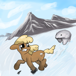 Size: 3000x3000 | Tagged: safe, artist:nonnyanon, imported from derpibooru, oc, oc only, bear, polar bear, pony, cloud, female, high res, mare, meme, mountain, snow, snow mare, snowpony (species), taiga pony, yakutian horse