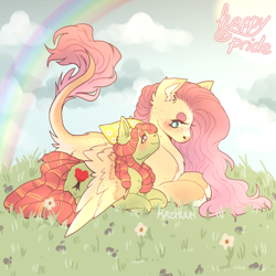 Size: 2000x2000 | Tagged: safe, artist:kazmuun, imported from derpibooru, fluttershy, tree hugger, earth pony, pegasus, pony, blushing, female, flower, flutterhugger, grass, high res, hug, larger female, leonine tail, lesbian, lying down, mare, prone, rainbow, shipping, size difference, smaller female, wing blanket, winghug, wings