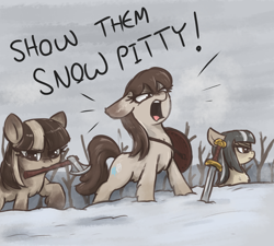 Size: 2000x1800 | Tagged: safe, artist:t72b, imported from derpibooru, oc, oc only, oc:cold shoulder, oc:frosty flakes, oc:winter wonder, pony, axe, chest fluff, english, female, mare, misspelling, mouth hold, pun, shield, snow, snow mare, snowpity, snowpony (species), sword, taiga pony, tree, trio, weapon, yakutian horse, yelling