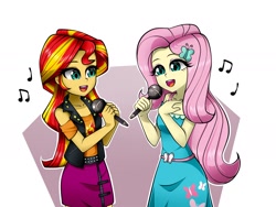 Size: 2000x1500 | Tagged: safe, artist:nekojackun, imported from derpibooru, fluttershy, sunset shimmer, equestria girls, duo, duo female, female, microphone, music notes, simple background, singing, white background