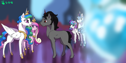 Size: 2000x1000 | Tagged: safe, artist:joan-grace, imported from derpibooru, king sombra, princess cadance, princess celestia, princess flurry heart, shining armor, alicorn, pony, unicorn, crown, crystal empire, crystal heart, ethereal mane, female, hoof shoes, jewelry, male, mare, missing accessory, missing cutie mark, older, older flurry heart, peytral, reformed sombra, regalia, signature, stallion, starry mane, story in the source, story included
