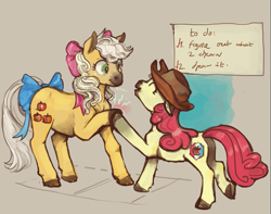 Size: 997x784 | Tagged: safe, artist:spectralunicorn, imported from derpibooru, apple bloom, applejack, earth pony, pony, bow, butt, female, filly, hat, mare, plot, siblings, tail bow