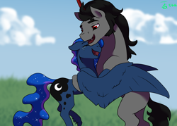 Size: 1400x1000 | Tagged: safe, artist:joan-grace, imported from derpibooru, king sombra, princess luna, alicorn, pony, unicorn, cloud, crying, ethereal mane, female, hug, lumbra, male, mare, outdoors, shipping, signature, smiling, stallion, starry mane, story included, straight, tears of joy, winghug, wings