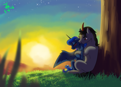 Size: 1400x1000 | Tagged: safe, artist:joan-grace, imported from derpibooru, king sombra, princess luna, alicorn, pony, unicorn, blushing, eyes closed, female, floppy ears, grass, hug, hug from behind, lumbra, male, mare, outdoors, shipping, sitting, stallion, story in the source, story included, straight, sun, sunset, tree, twilight (astronomy)