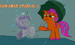 Size: 2184x1336 | Tagged: safe, alternate version, artist:imiya, imported from derpibooru, sunny starscout, argyle starshine, father and child, father and daughter, female, g5, gravestone, hoof hold, implied death, intentional spelling error, male, mare, misspelling, rain, stallion, text, toy, umbrella