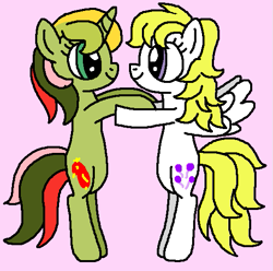 Size: 527x523 | Tagged: safe, artist:brobbol, mimic (g1), surprise, pegasus, pony, twinkle eyed pony, unicorn, adoraprise, bipedal, cute, female, g1, g1 to g4, g4, generation leap, hug, lesbian, mare, mimicbetes, mimicprise, ms paint, pink background, shipping, simple background, smiling