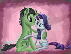 Size: 1738x1313 | Tagged: safe, artist:dellarie, rarity, oc, oc:anon stallion, pony, unicorn, anonpony, canon x oc, female, hoof around neck, horn, looking at each other, male, mare, romantic, shipping, sitting, stallion