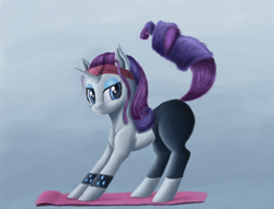 Size: 2000x1524 | Tagged: safe, artist:dellarie, rarity, pony, unicorn, alternate hairstyle, clothes, female, fixed, lip bite, mare, pants, raised tail, solo, stretching, sweatband, tail, yoga mat, yoga pants