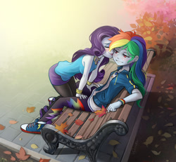 Size: 1280x1184 | Tagged: safe, artist:vyazinrei, imported from derpibooru, rainbow dash, rarity, equestria girls, autumn, bench, female, kissing, lesbian, outdoors, raridash, rarity peplum dress, shipping