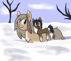 Size: 1400x1200 | Tagged: safe, alternate version, artist:machacapigeon, imported from derpibooru, oc, oc only, oc:blizzard hearth, oc:permafrost, pony, /mlp/, brother and sister, chest fluff, cloud, coat markings, colt, cute, ear fluff, ears, excited, female, fluffy, foal, looking at something, male, mare, open mouth, pale belly, ponies riding ponies, riding, siblings, snow, snow mare, snowpony (species), socks (coat marking), socks (coat markings), taiga pony, tree, yakutian horse