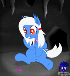 Size: 3840x4154 | Tagged: safe, artist:damlanil, imported from derpibooru, oc, oc:snowy clouddancer, bat pony, pony, bat wings, cave, collar, commission, diamond, ear fluff, gemstones, high res, red eyes, show accurate, sitting, slit eyes, smiling, solo, vector, wings