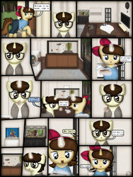 Size: 1750x2333 | Tagged: safe, artist:99999999000, imported from derpibooru, oc, oc only, oc:cwe, oc:mar baolin, fish, pony, unicorn, comic:visit, aquarium, clothes, comic, cookie, couch, female, food, glasses, house, living room, male, television, tree
